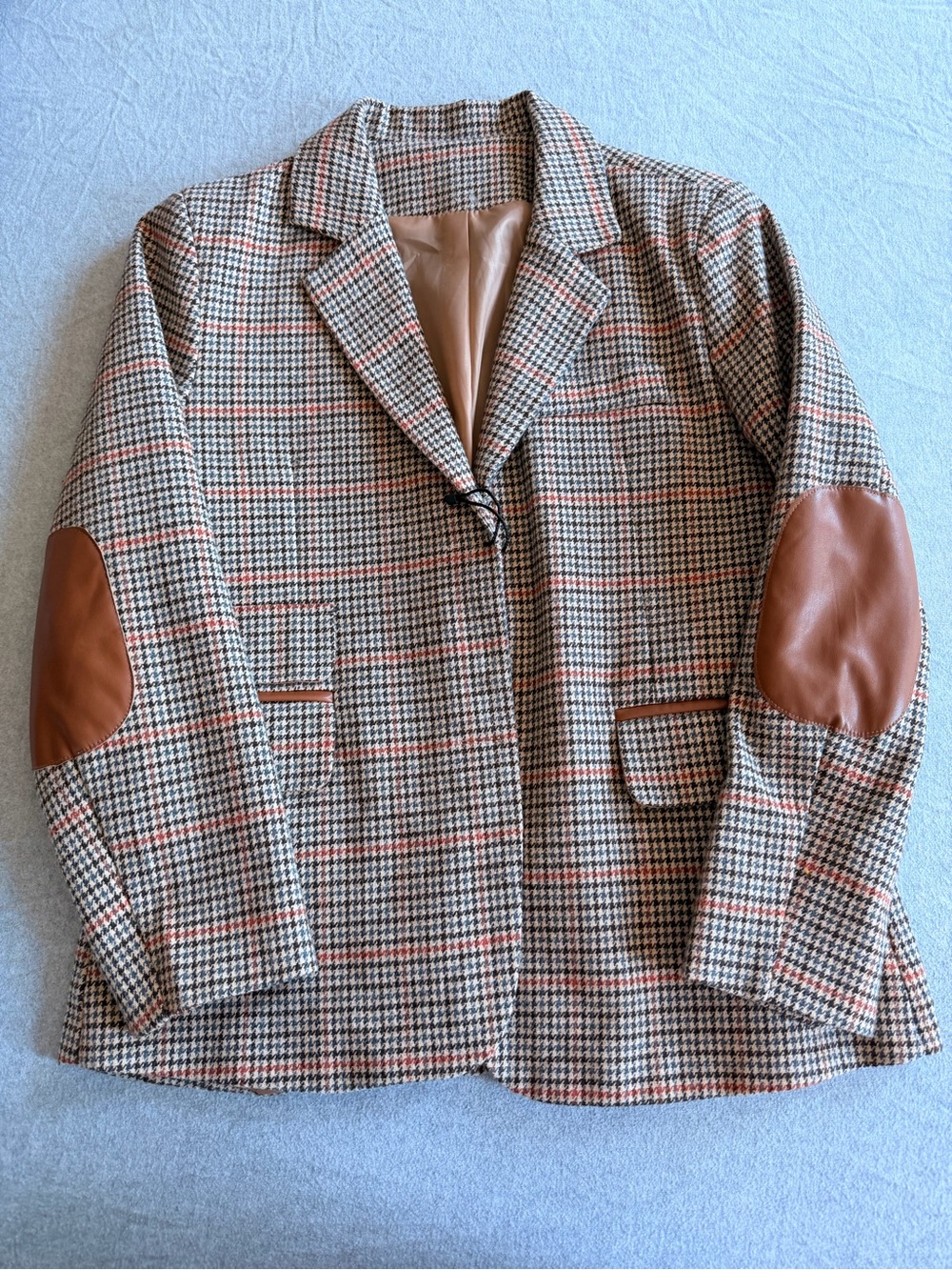 Houndstooth Plaid Blazer with Brown Elbow Patches - Women